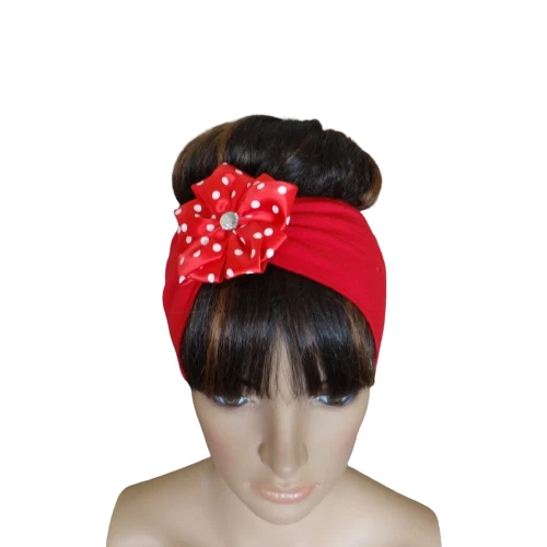 Red Polka Dot Headband. Flower Head Wrap. Handmade Hairband. Adult Hair Wrap. - Image 1 of 1