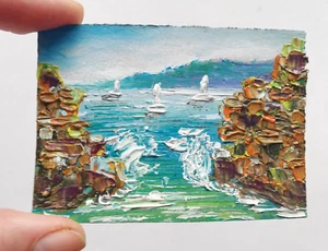 Meerlandschaft Bild Öl Gemälde,Puppenhaus Miniatur Original Ohne Rahmen 6,5х9 cm - Bild 1 von 4