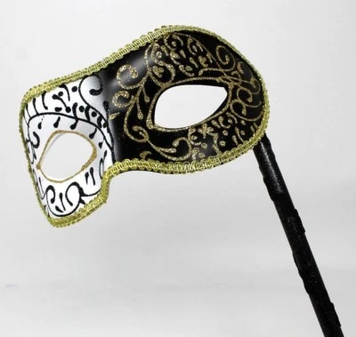 SPARKLING BLACK WHITE GOLD VENETIAN MASQUERADE PARTY PROM MASK  HAND HELD STICK - Image 1 of 4