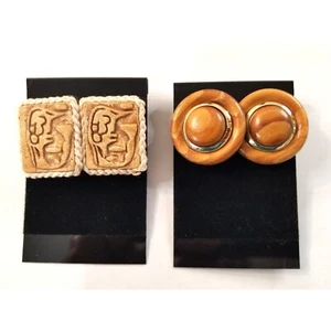 Earrings Hand Carved Wooden Square Button Tribal Round Polished Set of 2 Vintage - Picture 1 of 9
