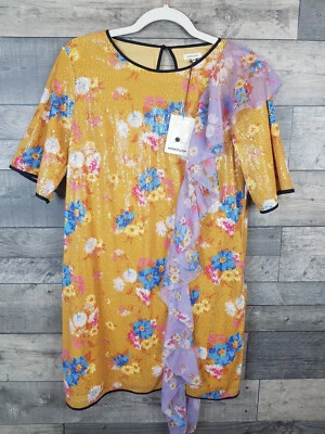 Vestido Manoush Floral Ráfaga Lentejuelas Talla UK 10 Amarillo Volantes Camiseta Cambio Foto 1 de 4