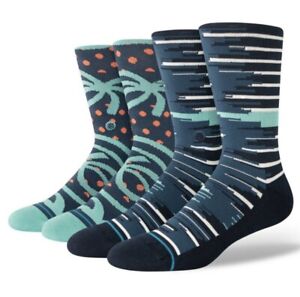 Stance Crew Socks Double Pack Striped Black White Navy Gray Palm Mens LARGE 6-14