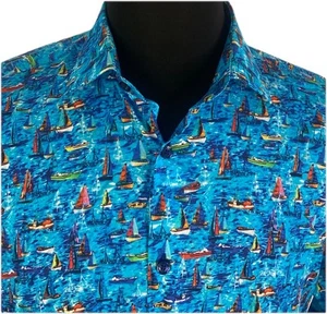 Jared Lang Shirt Mens Medium Watercolor Sailboats Button Up Nautical - Picture 1 of 12