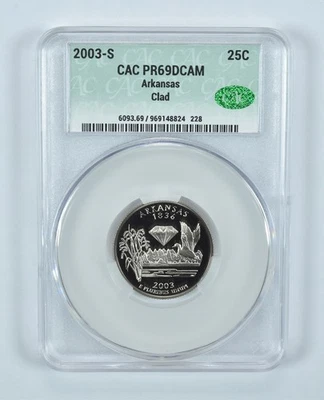 2003-S Washington State Quarter Arkansas CLAD PR69 DCAM CAC CACg *8512 - Image 1 of 4