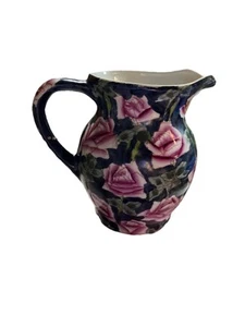 Cabbage Rose Porcelain Pitcher Navy Blue Pink Hand Painted New Holland 7"H - Picture 1 of 1