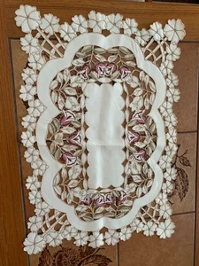 Floral Embroidered Small Dresser Scarf  Placemat Dolly Tulip Flowers Lace Cutout - Picture 1 of 9