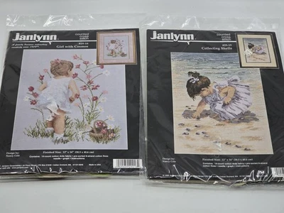 Janlynn Counted Cross Stitch Lot 2 Kit Girl with Cosmos Flowers Collecting Shell - Image 1 of 4
