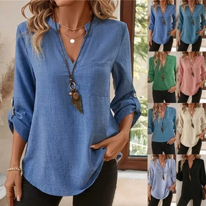 Womens Sexy V-neck T-Shirt Ladies Long Sleeve Tunic Pullover Blouse Top OL Wear - Picture 1 of 17