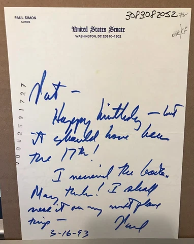 Senator Paul Simon Autograph Letter Signed - To NY Senator Daniel P. Moynihan Cover