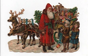 Late 1800’s Large Victorian Chromo Scrap - Belsnickel Santa Reindeer Tree Toys - Picture 1 of 3