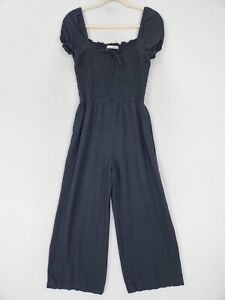 Abercrombie & Fitch Jumpsuit Women Medium Navy Blue Linen Blend Smocked Wide Leg