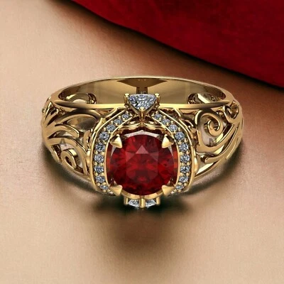 Piedras preciosas de rubí con anillo enchapado en oro de plata de ley 925 para hombre #BL82 Foto 1 de 4