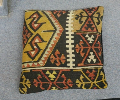 Vintage Rustic Turkish Wool Hand Woven Kilim Pillow  Cushion 18" x 19" Handmade - Image 1 of 4