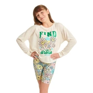 Justice Girls Long Slv Top & Tight Fit Biker Short 2-pc Pajama Set-Cream-8-NWT - Picture 1 of 3