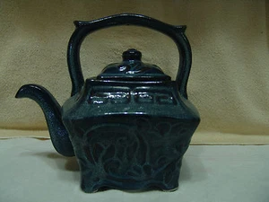 VINTAGE 8,5" BLAU BRAUN KERAMIK TEEKANNE WASSERKOCHER FASST 10 TASSEN SCHÖNES MUSTER - Bild 1 von 9