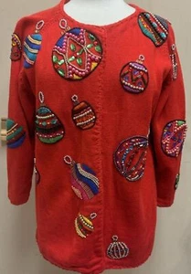 Vintage Michael Simon Ornament Beaded Christmas Sweater Cardigan Sz 2 Small XS - Picture 1 of 9