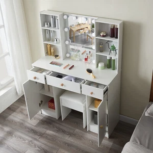 Weiß Schminktisch mit LED Spiegel und Schrank Beleuchtung Schublade Frisiertisch - Bild 1 von 12