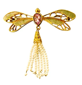 Avon Dragonfly Brooch Pink Rhinestone Green Enamel Pearls Gold Tone - Picture 1 of 8