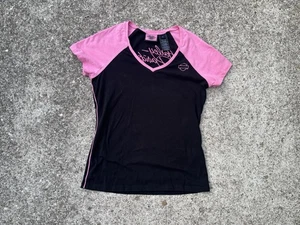 Y2K Harley Davidson Motorcycle T Shirt Black Pink Embroidered Women Size M Biker - Picture 1 of 5