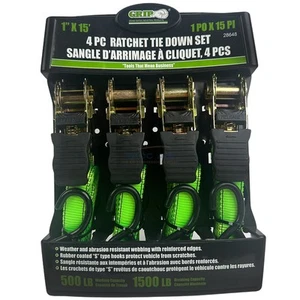 Juego de 4 correas de amarre de trinquete de 1" X 15' capacidad 1500 libras con gancho S 28648 - Imagen 1 de 6