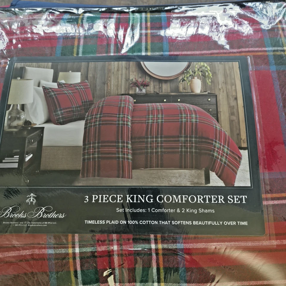 Juego de edredón Brooks Brothers Navidad rojo verde a cuadros King franela de algodón Foto 1 de 4