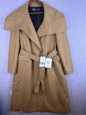 Zara Manteco Trench Coat Women's XL Camel Wool Blend Belted Wrap Collar Flap NWT - Image 1 of 4
