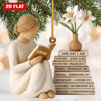 Dios dice que soy adorno personalizado versículo bíblico cristiano regalo para mujeres amantes de los libros Foto 1 de 4