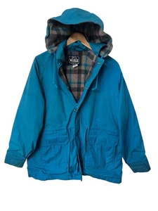 Vintage 90s Woolrich Barn Coat Women’s Size Large Teal Wool Plaid Liner - Picture 1 of 5
