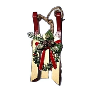 VINTAGE WOODEN RED & GOLD SLED 6” X 2.5” ORNAMENT HOLIDAY TIME - Picture 1 of 6