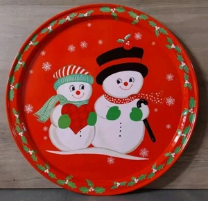 Bandeja redonda de metal vintage de los años 70 12,75" Mr Mrs Snowman Holly Leaves SSCO - Imagen 1 de 6