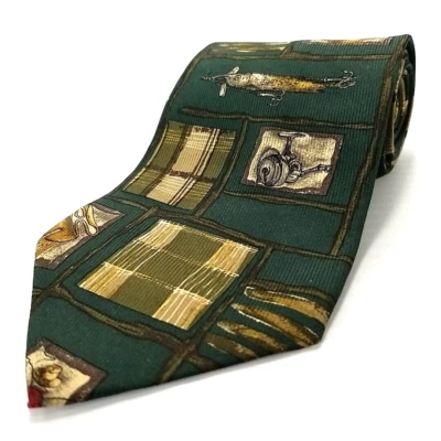 De Colección Ralph Lauren Chaps Corbata de Lujo Verde Señuelos de Pesca Estampados Corbata de Seda EE. UU. Foto 1 de 4