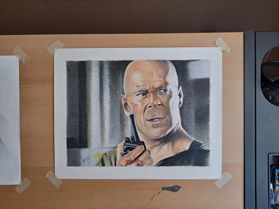 Dibujo original a lápiz de colores de 11x14 pulgadas de Bruce Willis/John McClain Foto 1 de 1