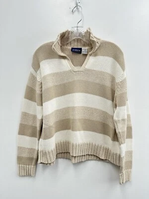Suéter Polo Vintage Años 90 Liz Claiborne Blanco y Beige Rayas 100% Algodón Talla L Foto 1 de 4