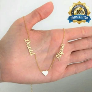 2 Names Heart Custom Necklace Love Personalized Double Text Pendant Couple Gift - Picture 1 of 8