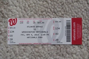 WASHINGTON NATIONALS VS ATLANTA BRAVES 4/4/2014 FULL TICKET ~ EVAN GATTIS HR - Picture 1 of 1