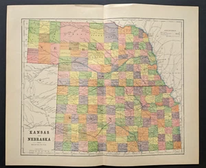 Antique Original 1890 KANSAS NEBRASKA Hunt & Eaton Colored Map 13x11 - Picture 1 of 7