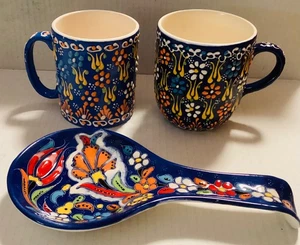 Turkish Talavera Style Ceramic Mugs & Spoon Rest  Set -Blue Floral - Picture 1 of 2