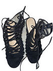 Shoedazzle Black Strappy Cuban Heel Size 8.5 EUR 39 Peep Toe Tie On Ankle Womans