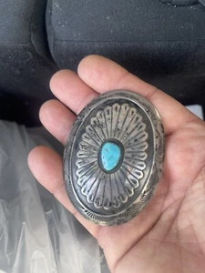 Vintage Navajo Silver & Turquoise Native American Belt Buckle - Picture 1 of 4