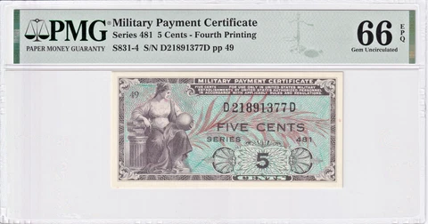 MPC Series 481 5 Cents Fourth Printing S831-4 PMG Gem Unc 66EPQ #D21891377D Cover