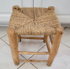 One 12"H Boho Beldi Moroccan Handmade Wood Stool with Doum Palm Leaves Seat
