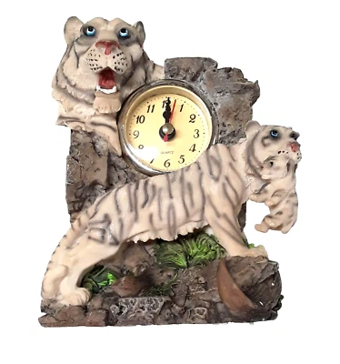 White Tiger Desk Clock Table Clocks 7" H Wildlife Animals Figurines AA Battery - Image 1 of 4