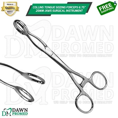 Collins Tongue Seizing Forceps 6.75" 25mm Wide Jaws Surgical Instrument German G Foto 1 de 4