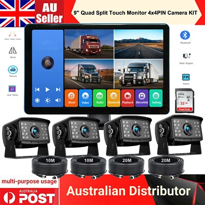 9" Touch Quad Monitor DVR 4x PIN AHD Backup Camera 32GB For Truck Bus Trailer RV - Image 1 of 4