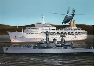 (b63) Canberra and HMS Argonaut in San Carlos Water - Naval Art Postcard - Picture 1 of 1