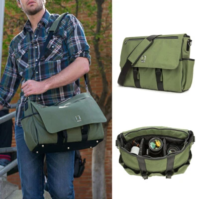 Lencca Green Canvas DSLR Camera Bag Travel Messenger Bag For Canon Nikon Sony - Image 1 of 4