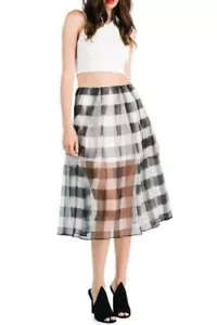 KENDALL & KYLIE High Waist A-Line Sheer Silk Overlay Midi Skirt Black White Sz S - Picture 1 of 6