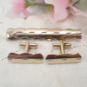 Vintage Gold Plated Serpentine Chain Pattern Cuff Links Tie Bar Set - Picture 1 of 6