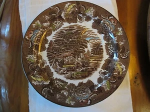 Enoch Woods 8 Brown English Scenery Woods Ware 10" Dinner Plates.Cup Indentation - Picture 1 of 4