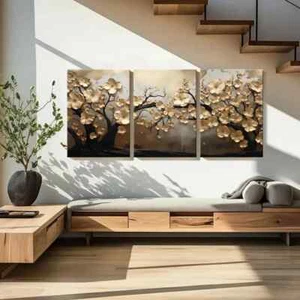 3pcs Abstract Golden Leaves Tree Modern Elegance Wall Art Canvas Unframed/Framed - Picture 1 of 9